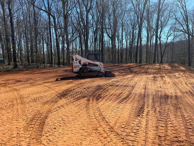 Excavator parked on open lawn beside a treeline cleaned out underneath, mature trees left standing.