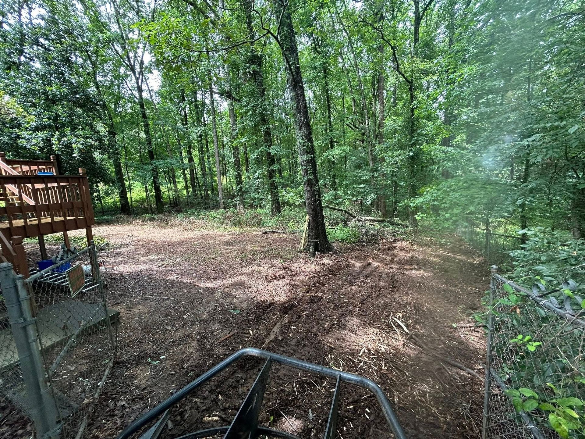 Clearing in a wooded area with a deck on the left and a gate in the foreground.