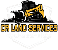 Logo for CR Land Services: yellow and black skid steer over text, with phone number.