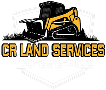 Logo for CR Land Services: yellow and black skid steer over text, with phone number.