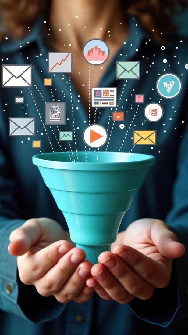 A woman is holding a blue funnel with icons coming out of it.