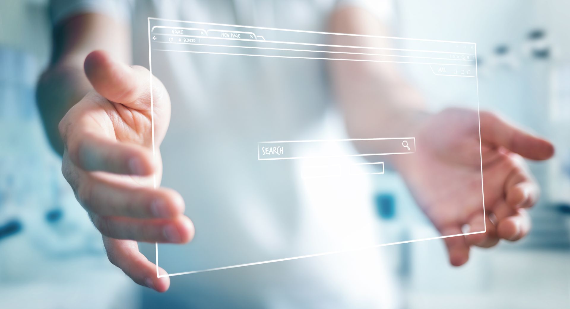 Someone holding hologram website search bar