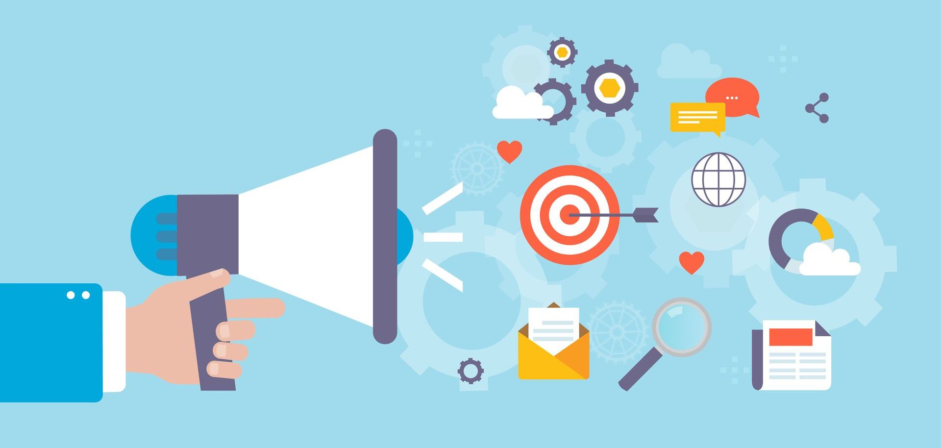 Cartoon megaphone and icons like target and magnifying glass