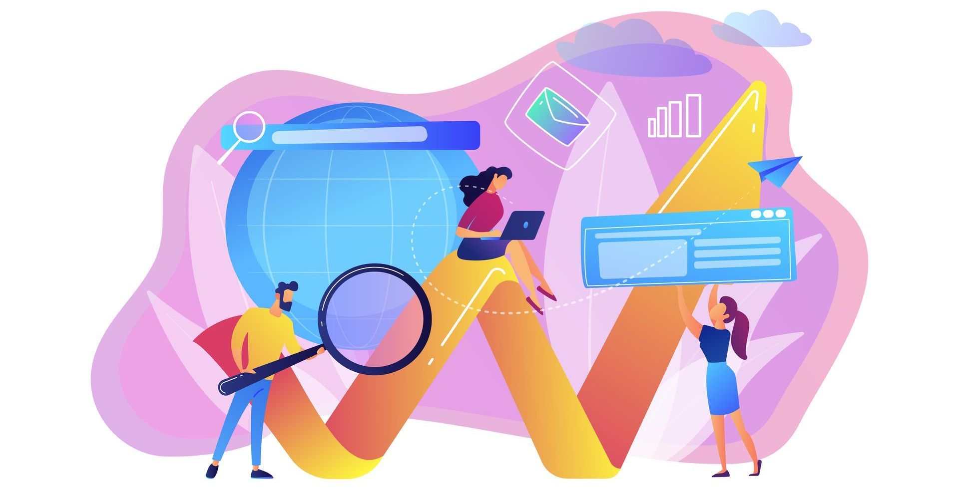 cartoon image of people working around upward trend graph showing person with magnifying glass, with laptop, and with search engine results