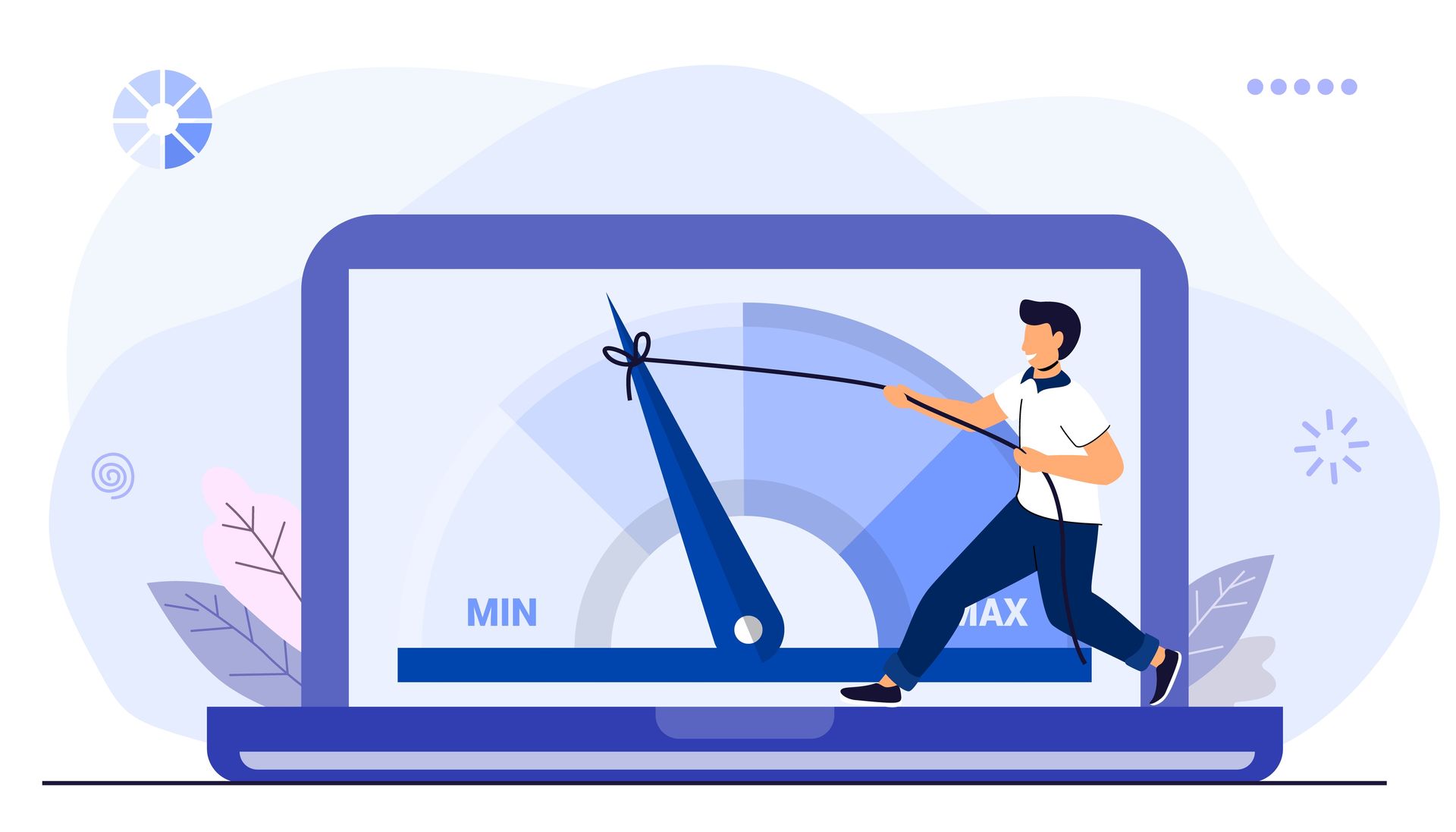 cartoon of man pulling gauge to 'max' measuring speed on laptop