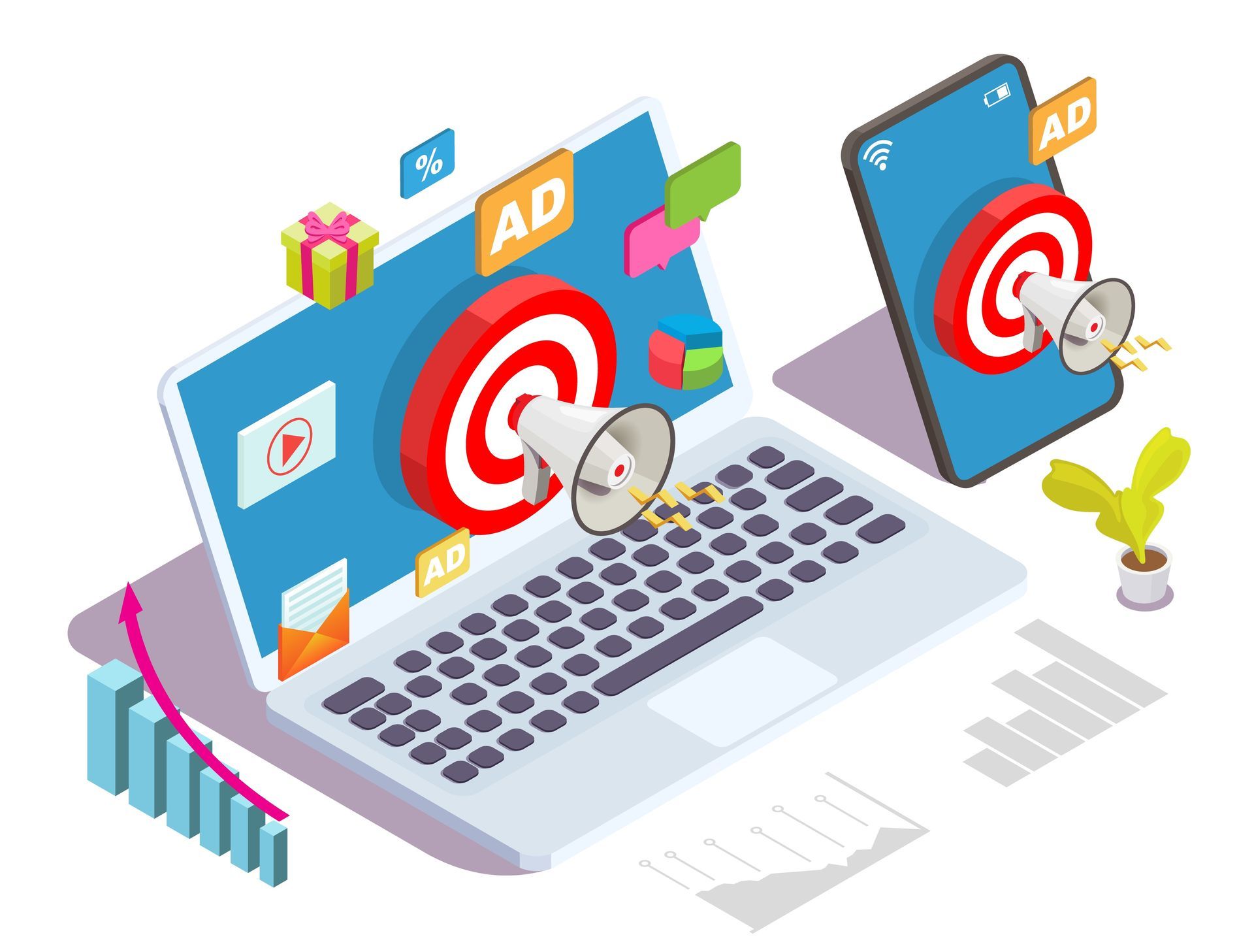 cartoon image of laptop and mobile phone showing targets and icons coming out