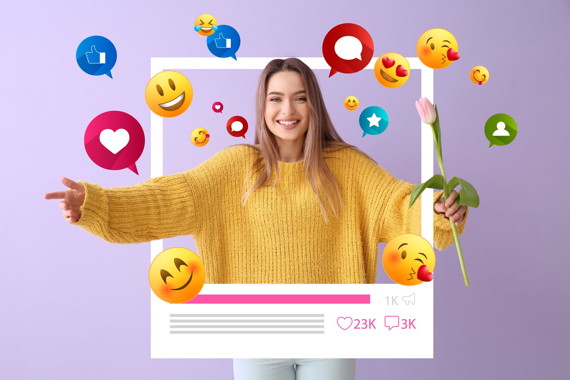 a woman in a yellow sweater is holding a flower in front of a picture frame .