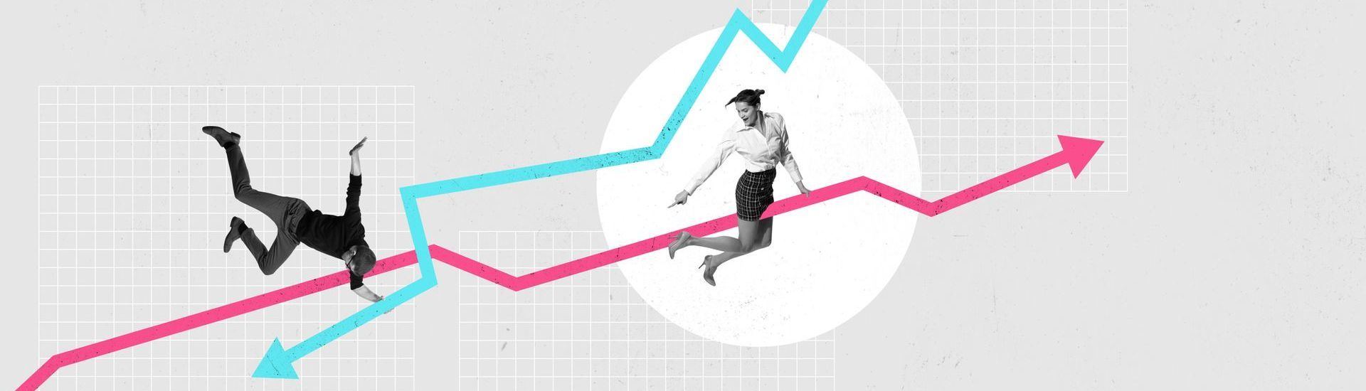 Cartoon image of 2 business people holding on to arrows