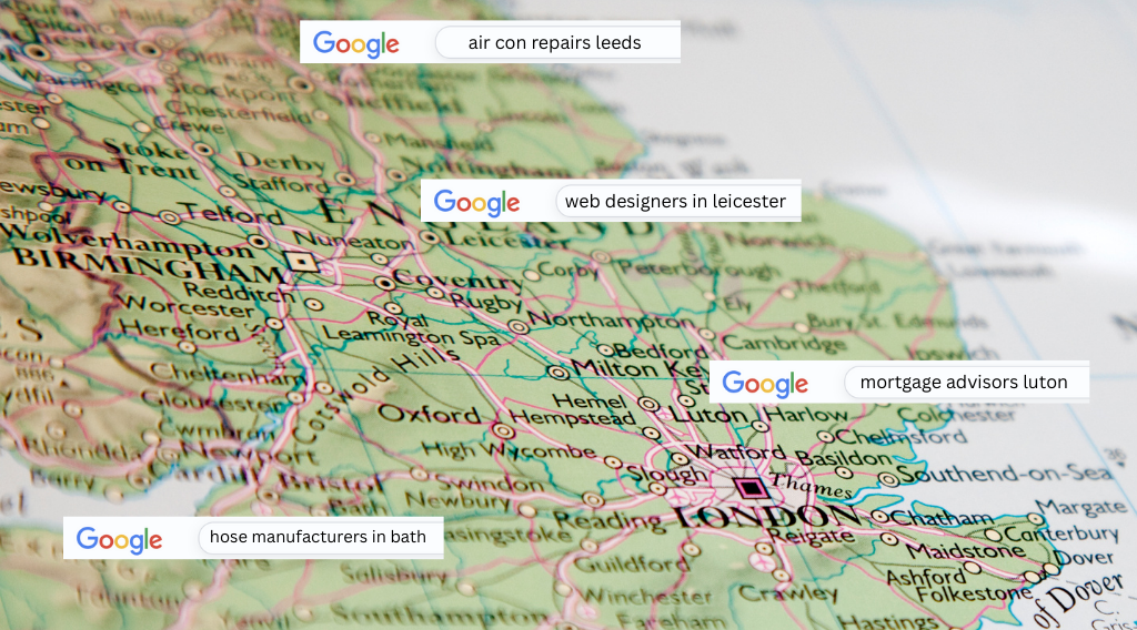 Map of England with Google search boxes overlaid, focusing on locations like Birmingham and London.