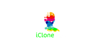 Colorful iClone logo with a stylized multicolor head above green text on a white background