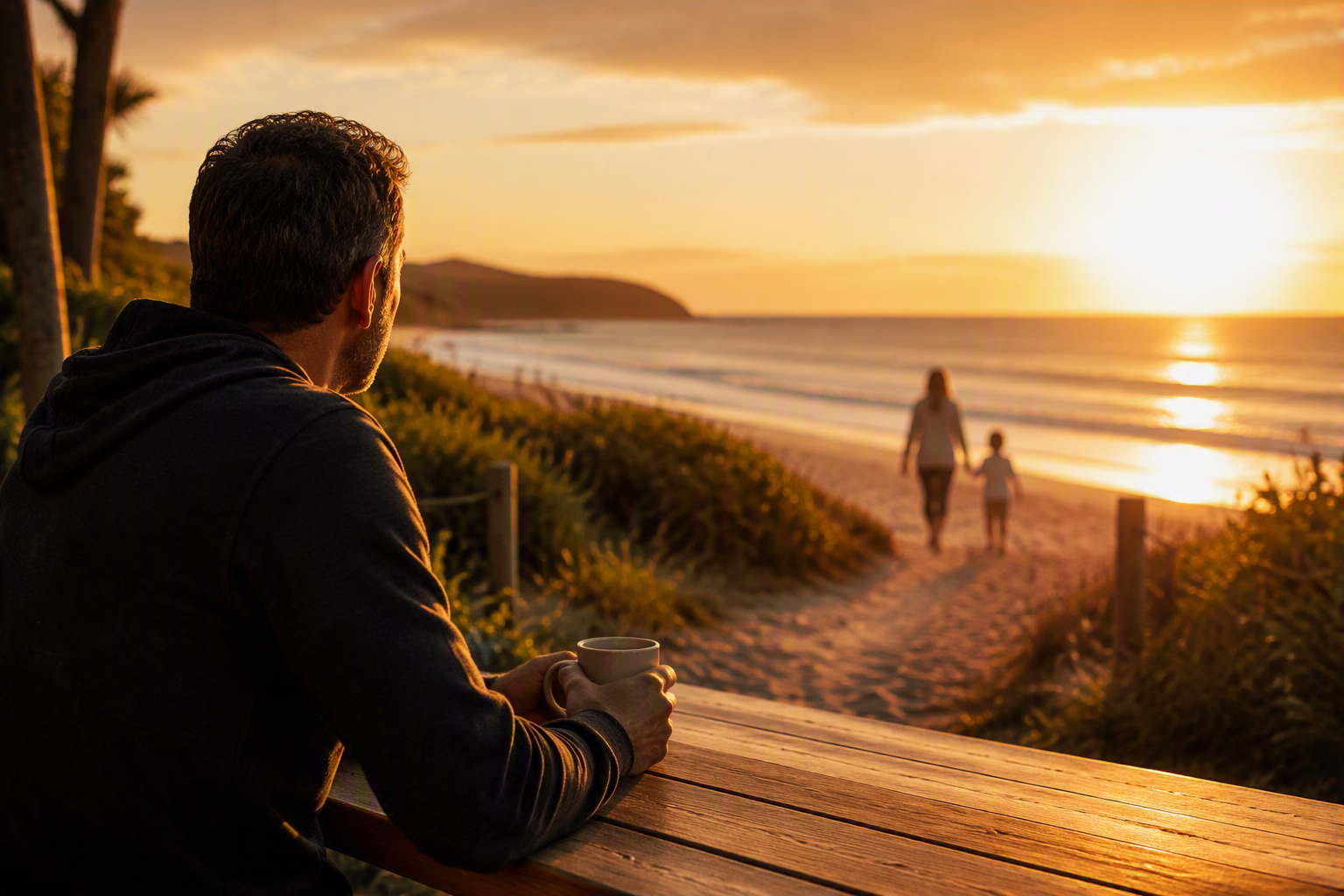 Middle-aged Australian father reflecting on wellbeing, balancing family responsibilities, health and