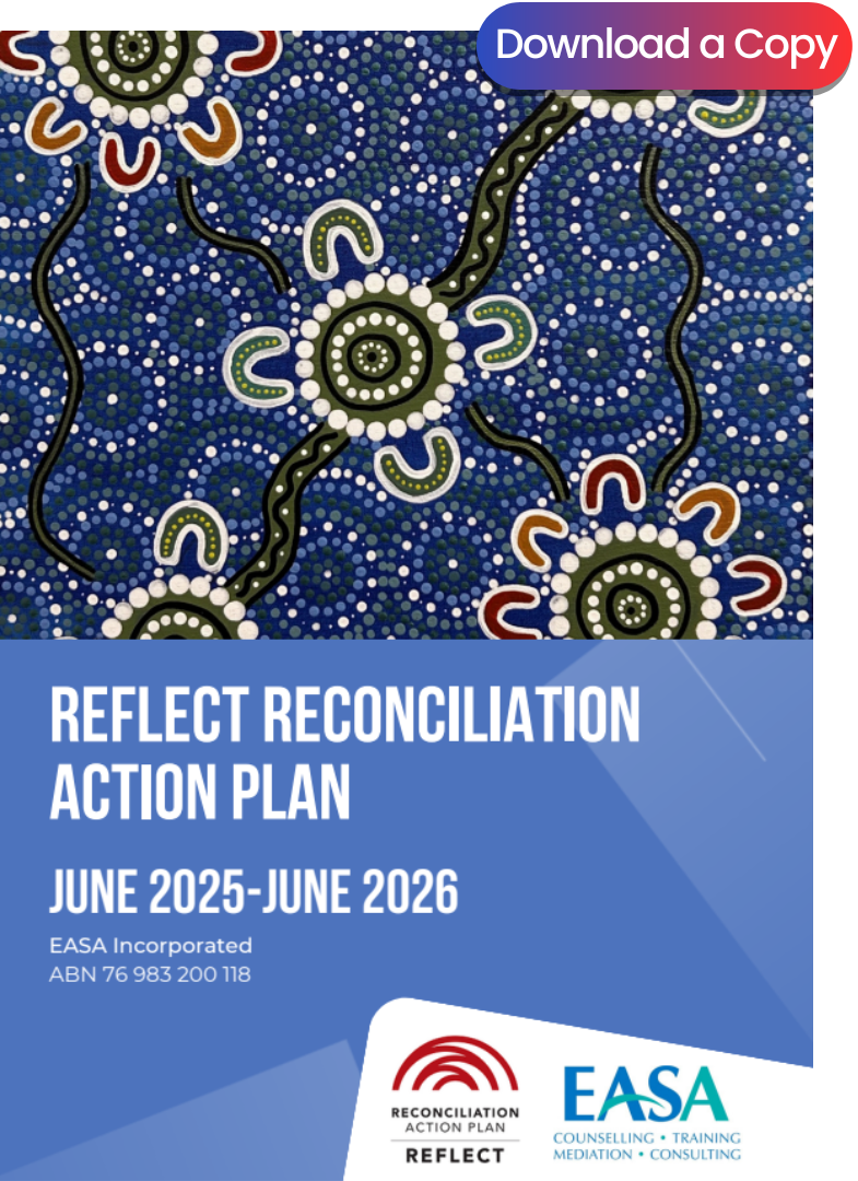 Cover of “Reflect Reconciliation Action Plan” with blue Aboriginal artwork and EASA logos.
