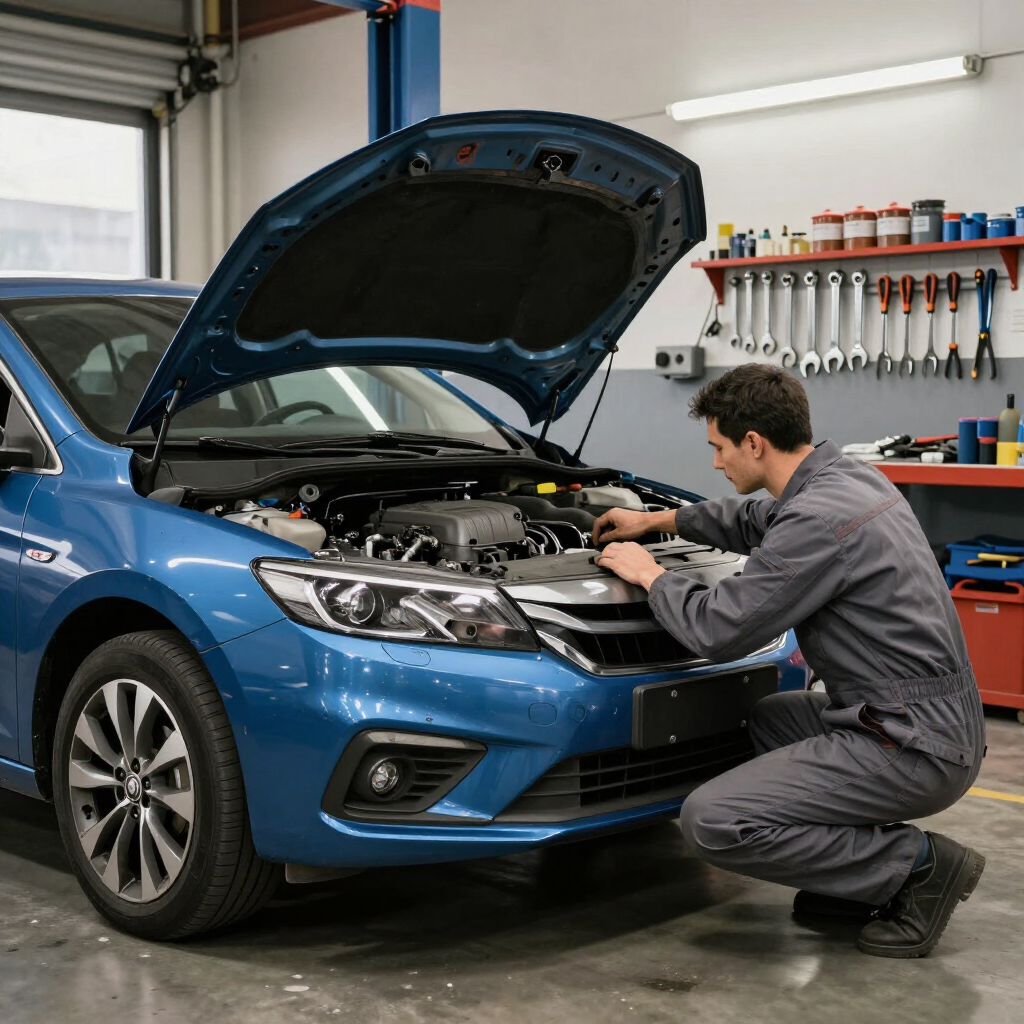 Auto repair technician supported by an AI voice agent for customer calls