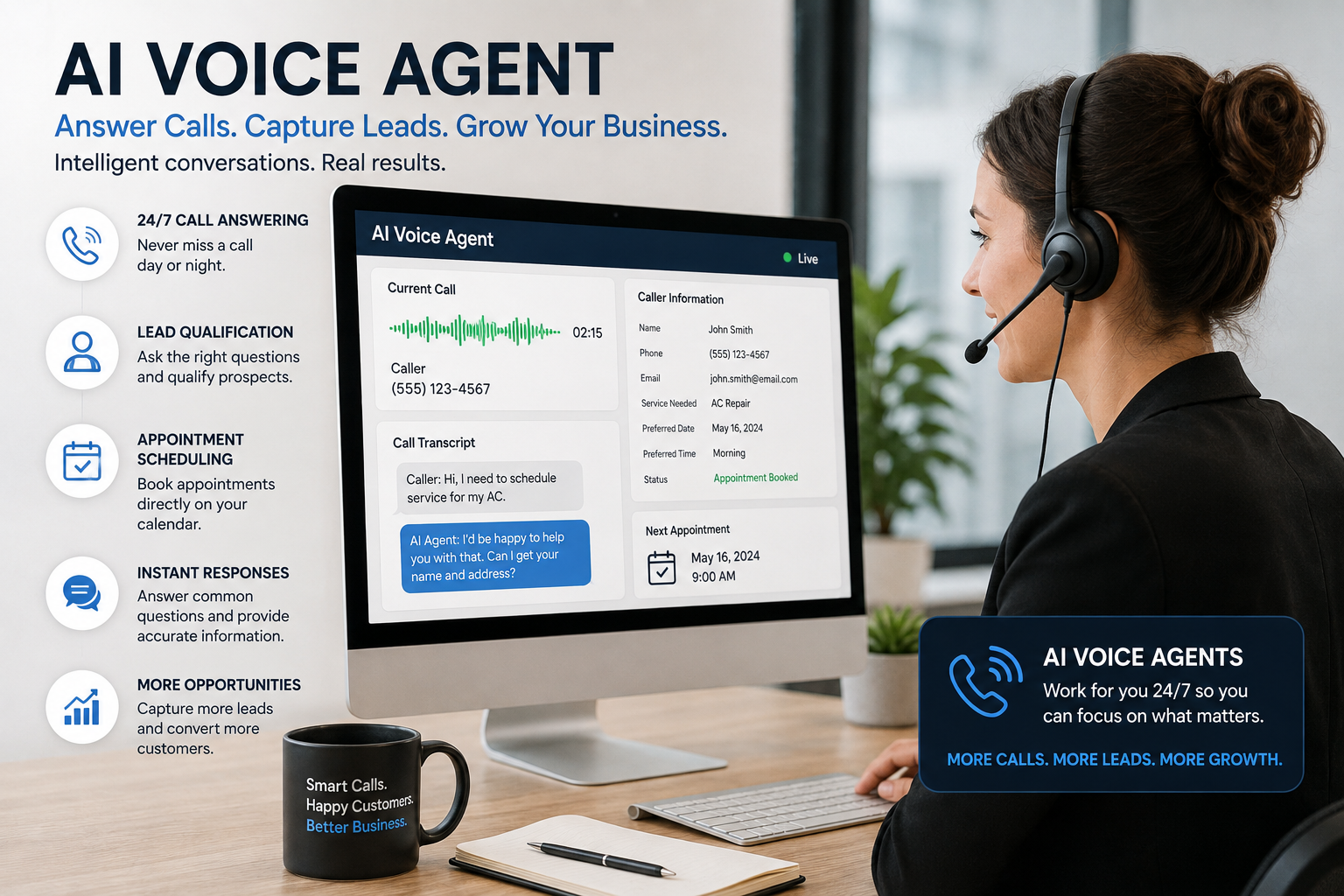 AI voice agent answering customer calls and scheduling appointments for a small business