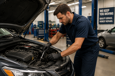 Auto mechanic repairing a vehicle engine in a professional auto repair shop.