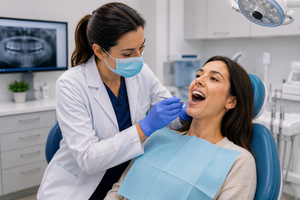 Dentist examining a patient in a modern dental office.