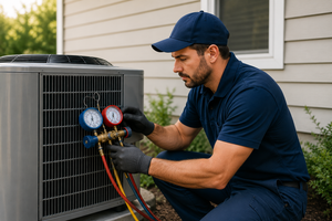 HVAC technician servicing an outdoor air conditioning unit with diagnostic gauges.
