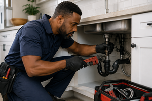 Professional plumber repairing pipes underneath a kitchen sink.