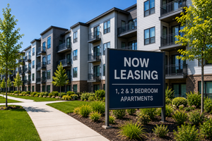 Modern apartment community with a Now Leasing sign for available apartments.