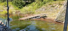 A dilapidated dock is submerged in murky water, overgrown with vegetation.