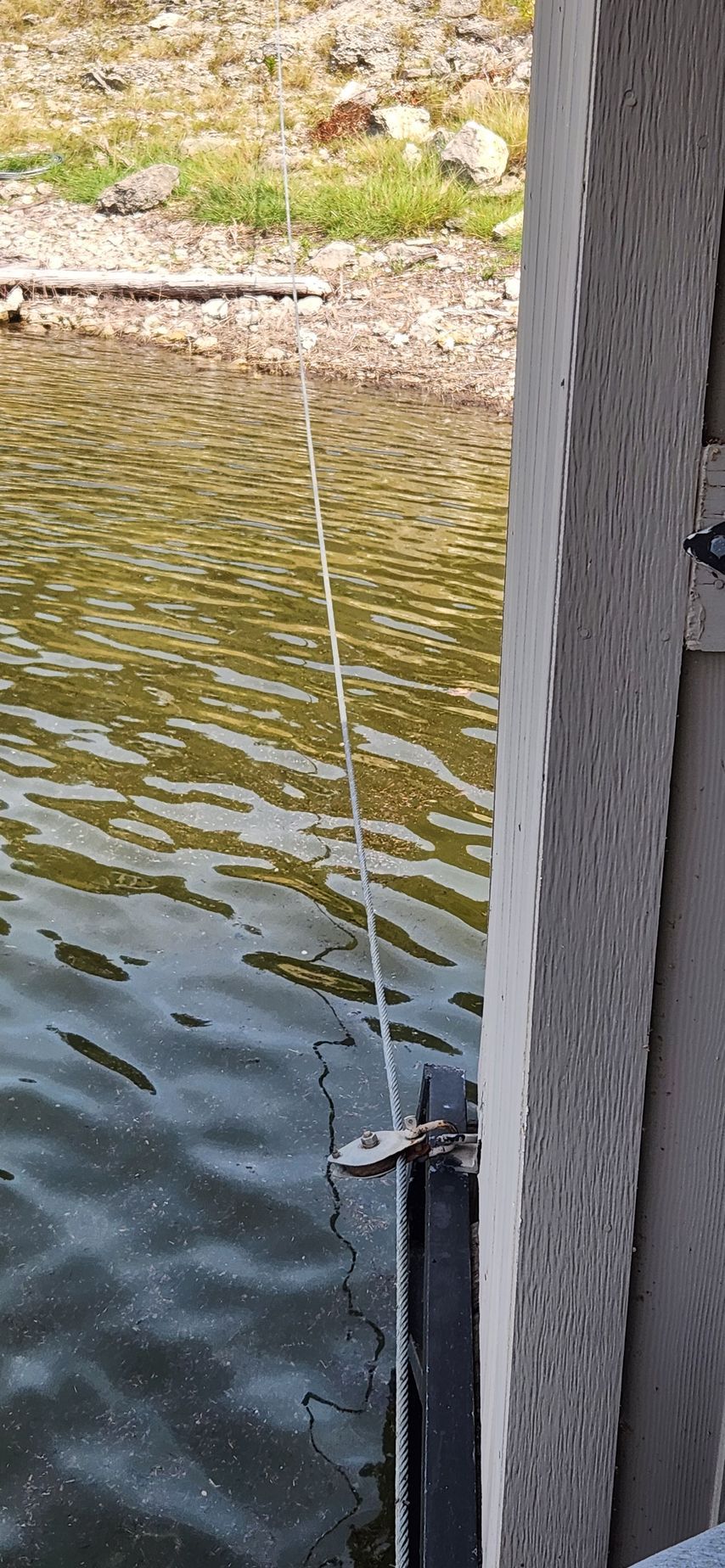 A white rope descends into green water, next to a textured concrete surface. Brown shoreline in the background.