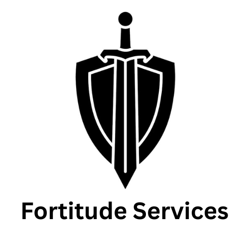 Black shield with sword, logo for "Fortitude Services".