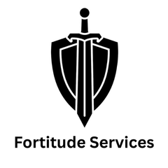 Black shield with sword, logo for "Fortitude Services".