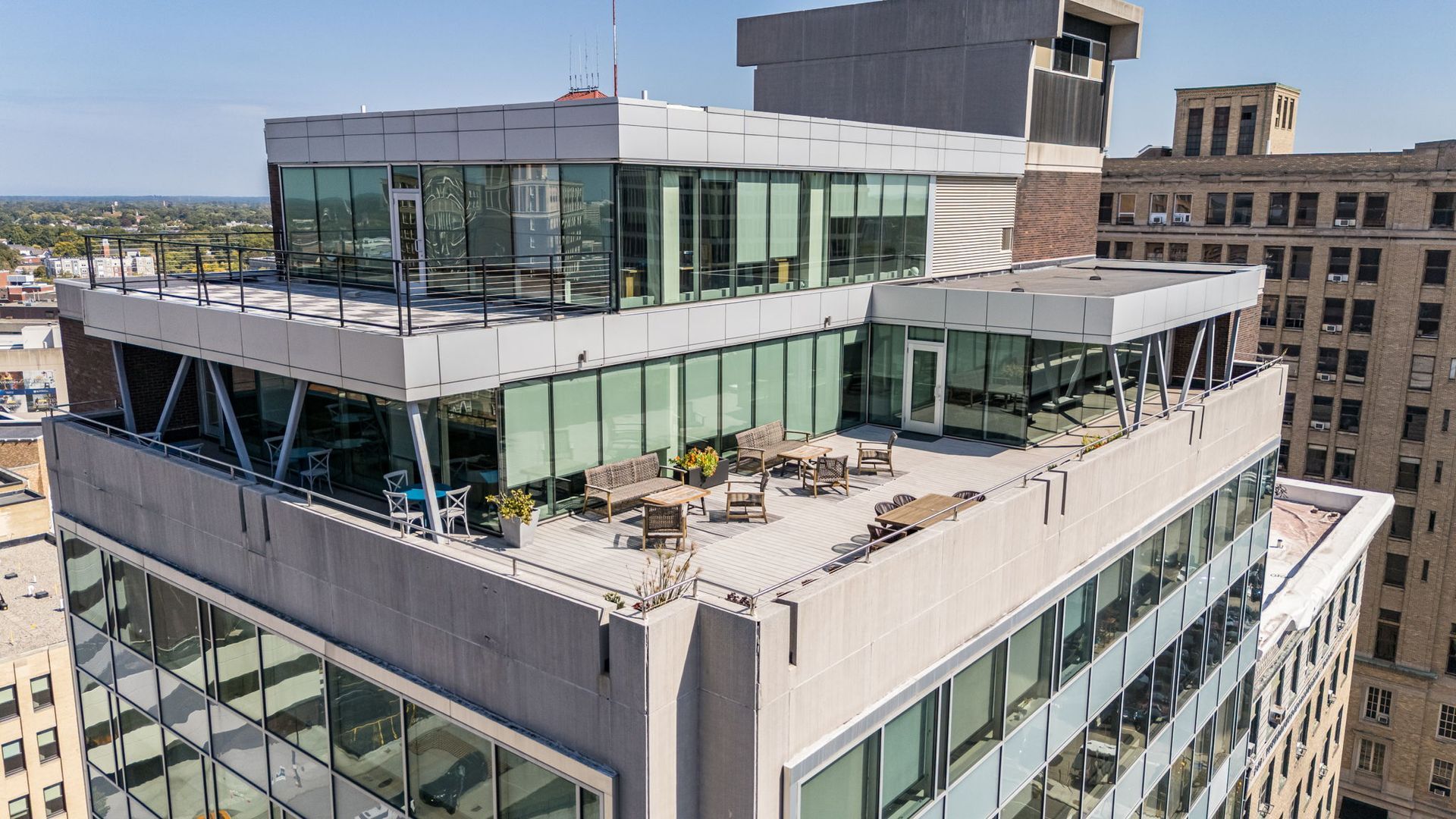 Aerial shot of the 88 on Elm rooftop patio