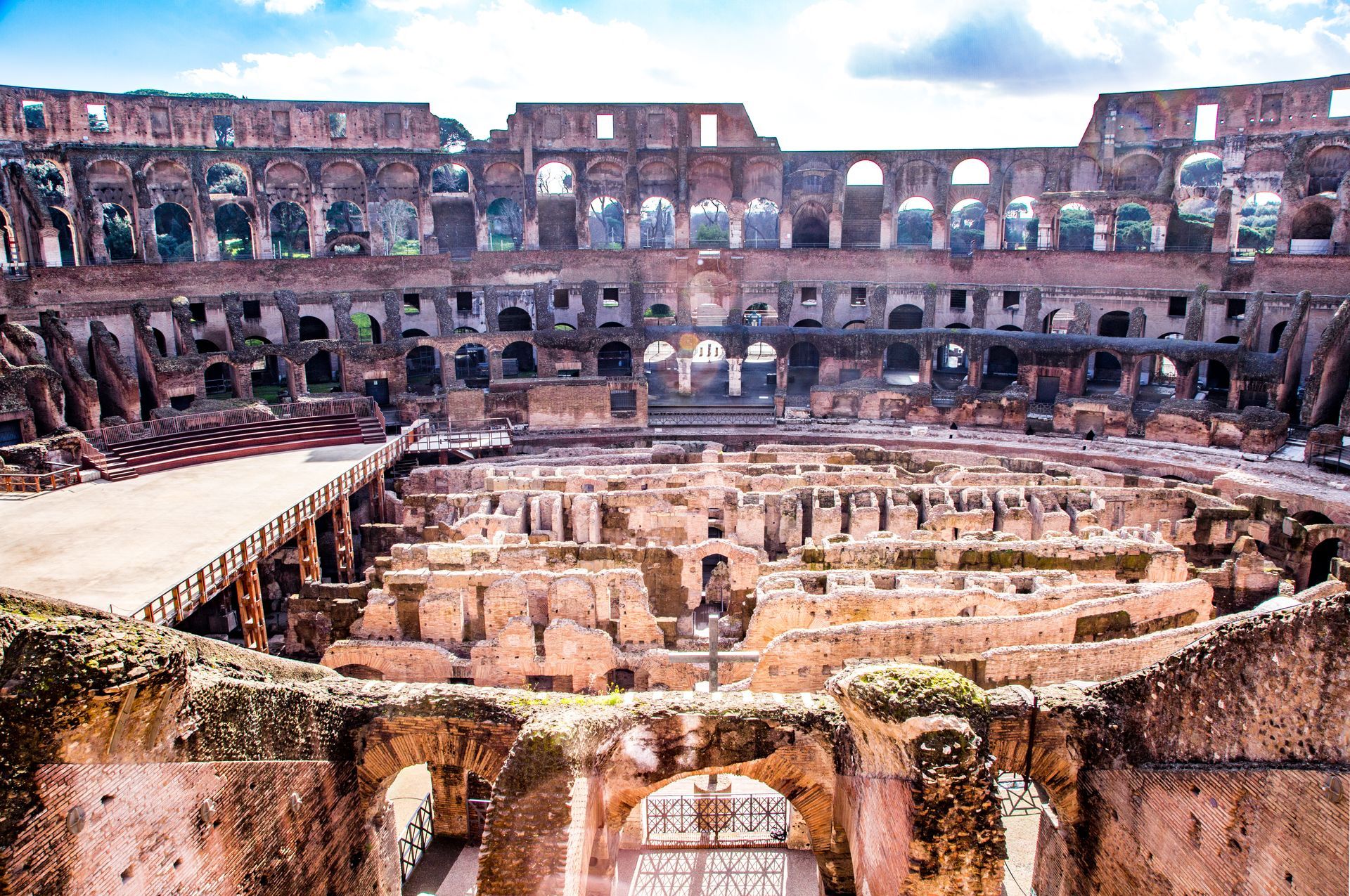 View of the interior of the Colosseum with tunnels and arena floor