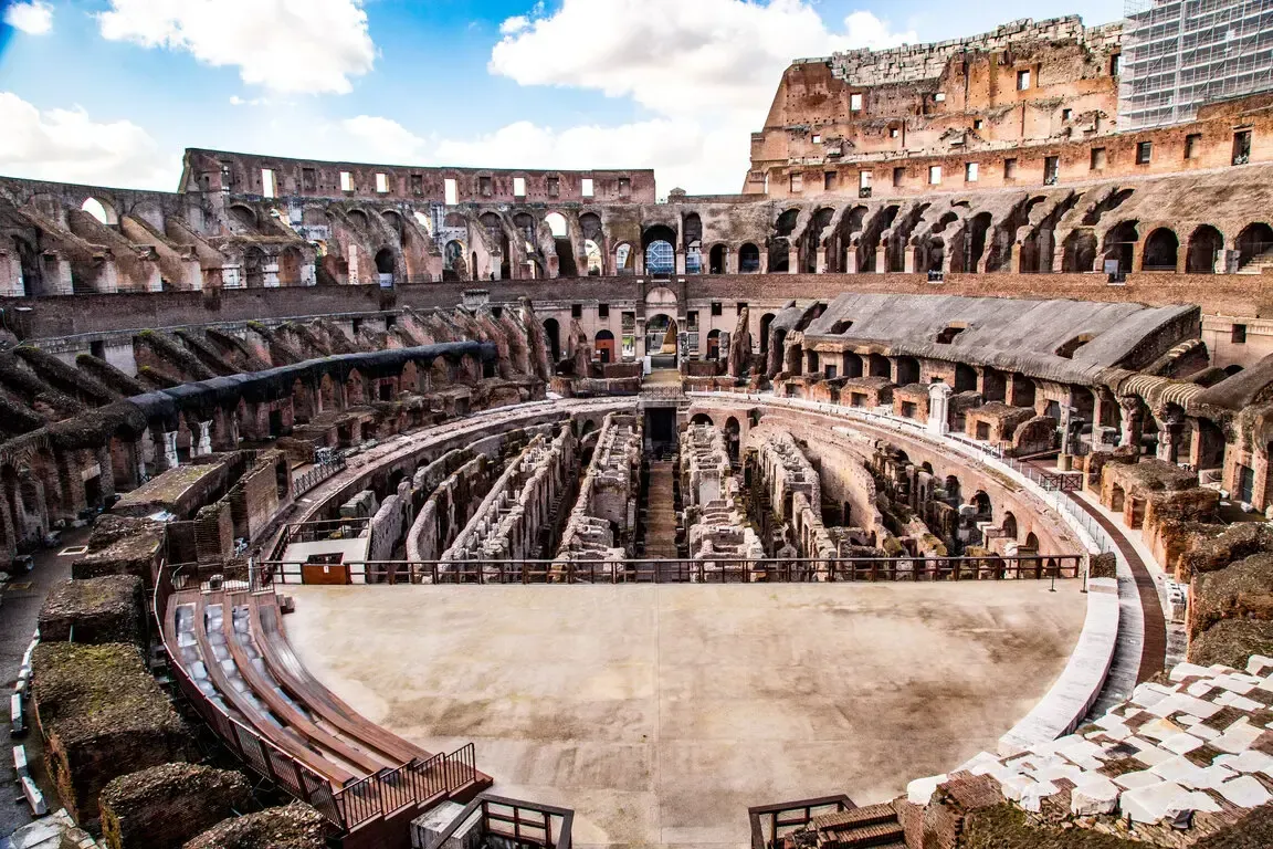 Interior view of the Colosseum in Rome, Italy. Ancient stone amphitheater, partially ruined.
