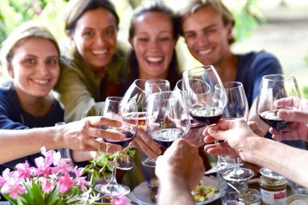 Friends toasting with red wine outdoors at a table with flowers, smiling and celebrating