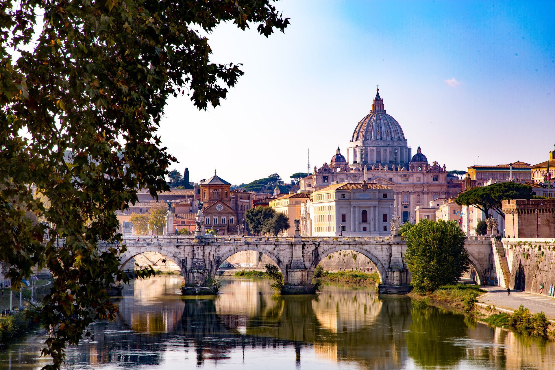 View of St. Peter's Basilica from across the Tiber river.