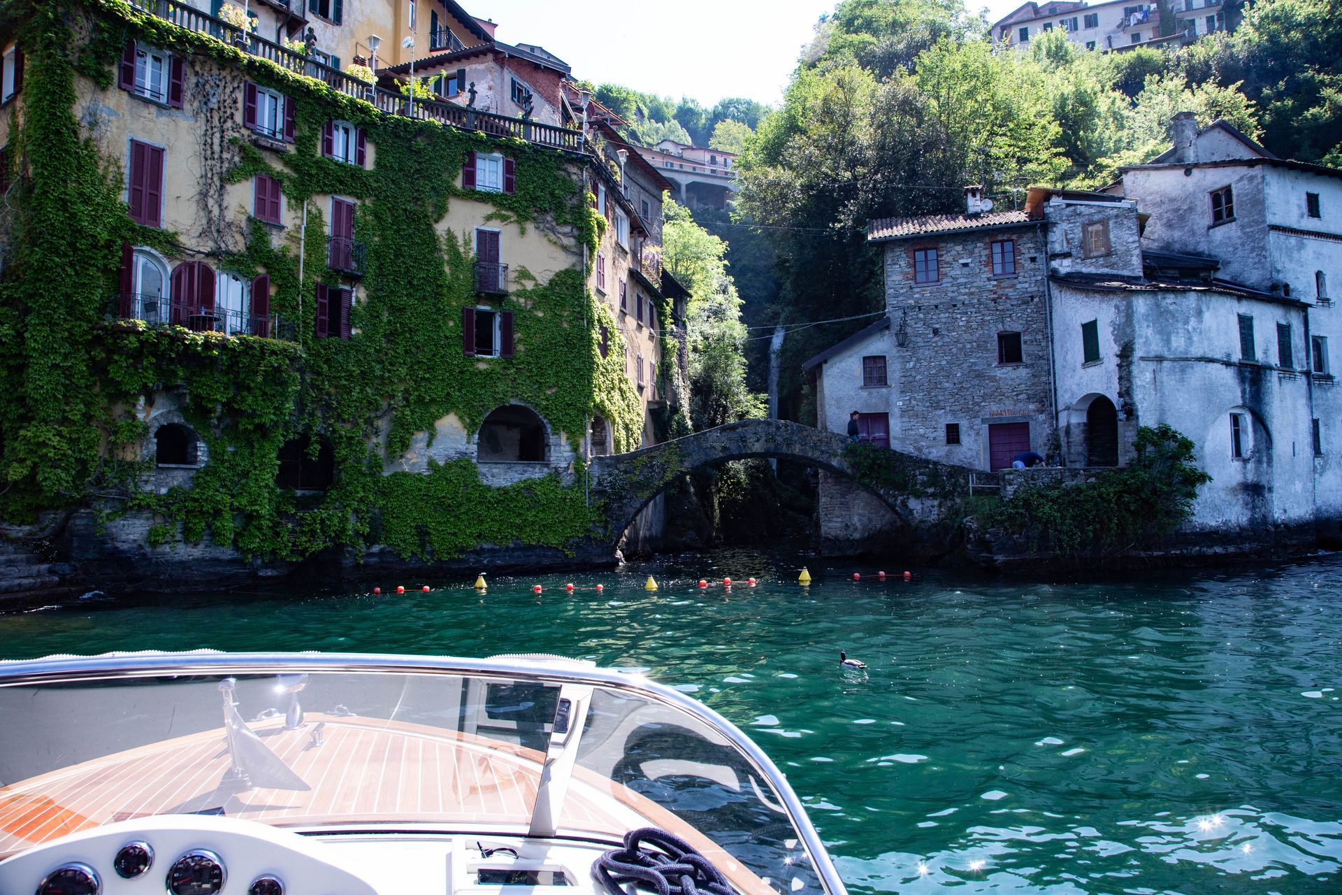 Waterfall and bridge in Nesso, Italy.