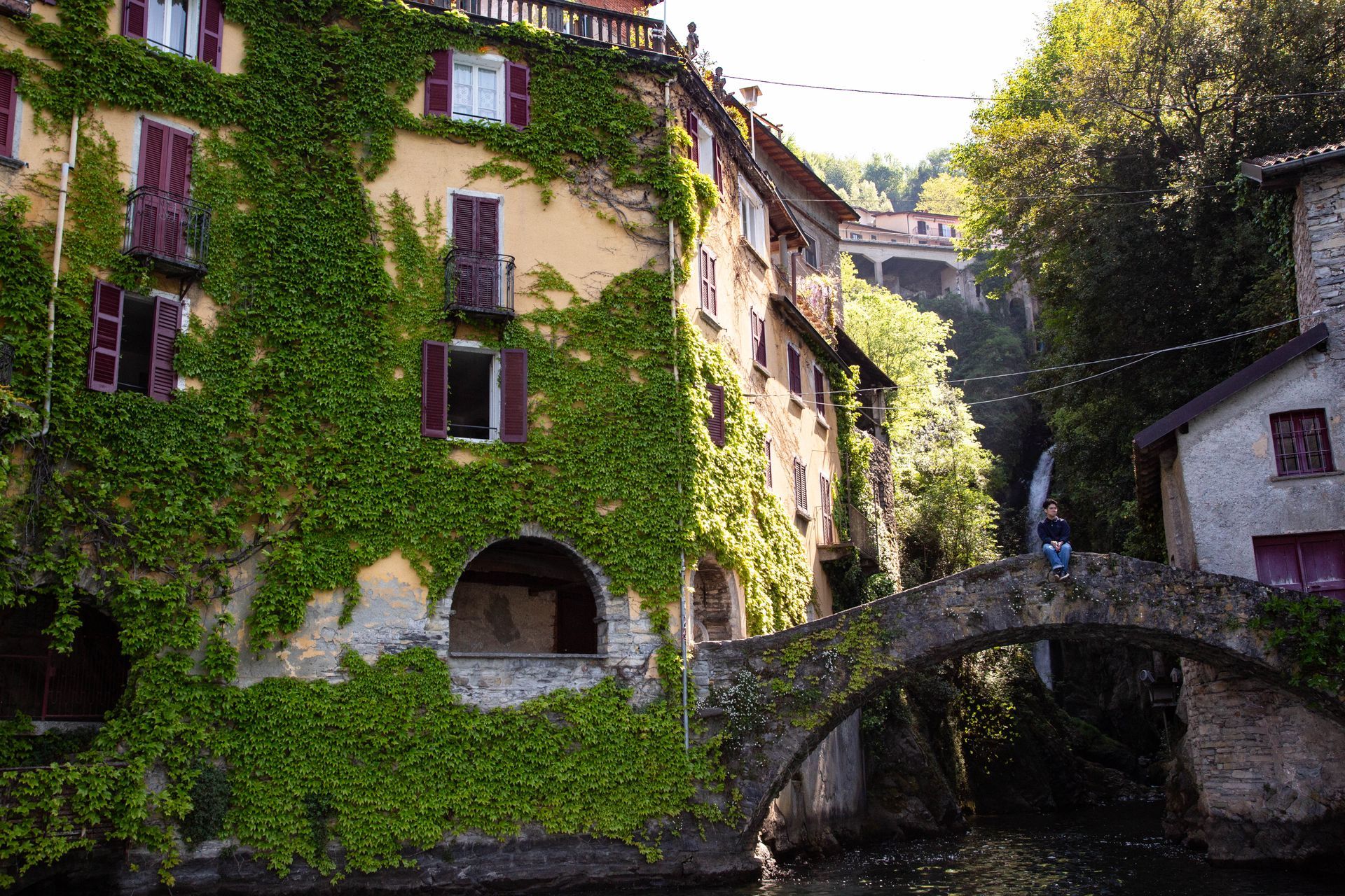 Nesso on Lake Como, bridge with waterfall.