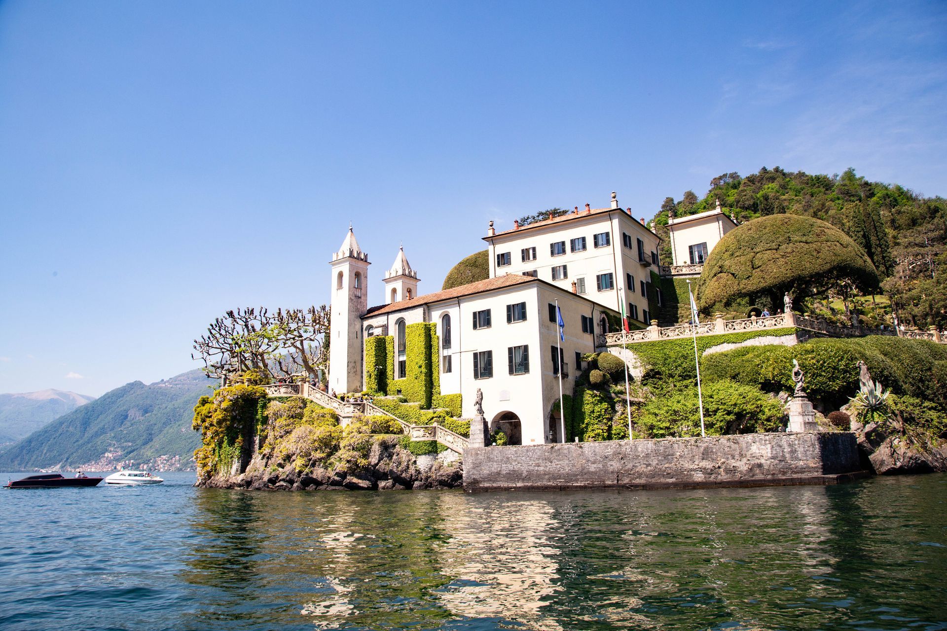 Villa del Balbianello from a boat on Lake Como.
