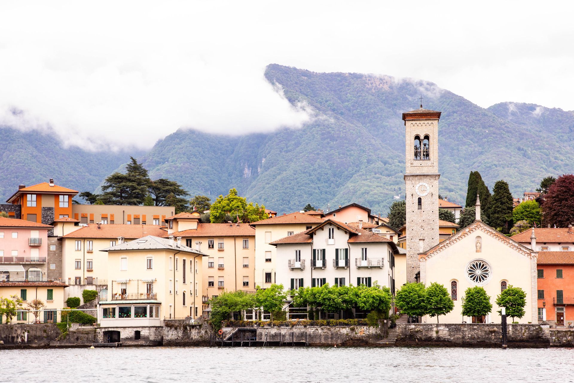 Town on Lake Como by boat.