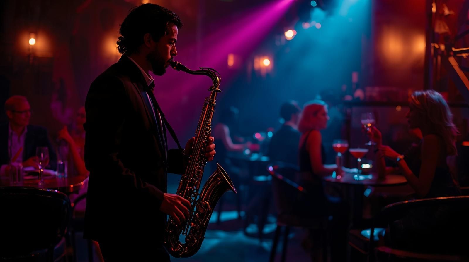 Silhouetted saxophonist performing in a dimly lit jazz club with purple and red lights.
