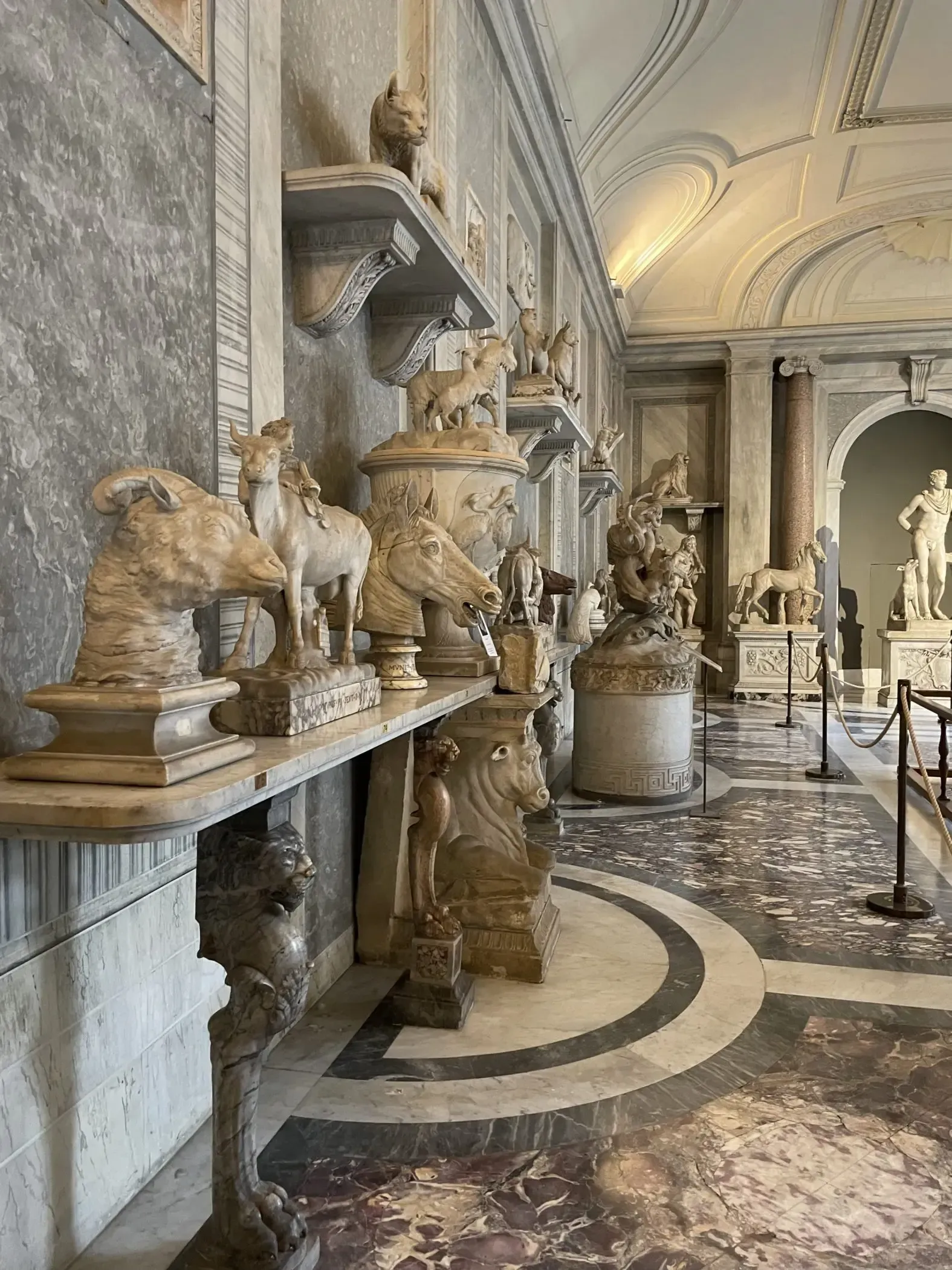 A gallery interior with marble sculptures displayed on shelves and in the space.
