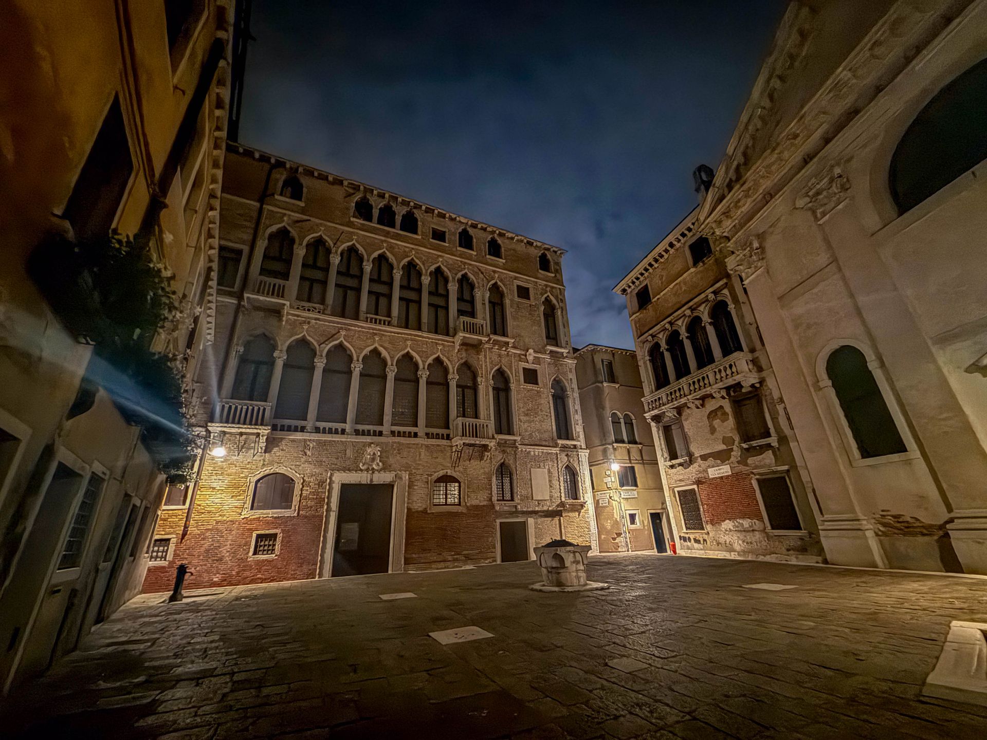 Church tower in Venice at night.