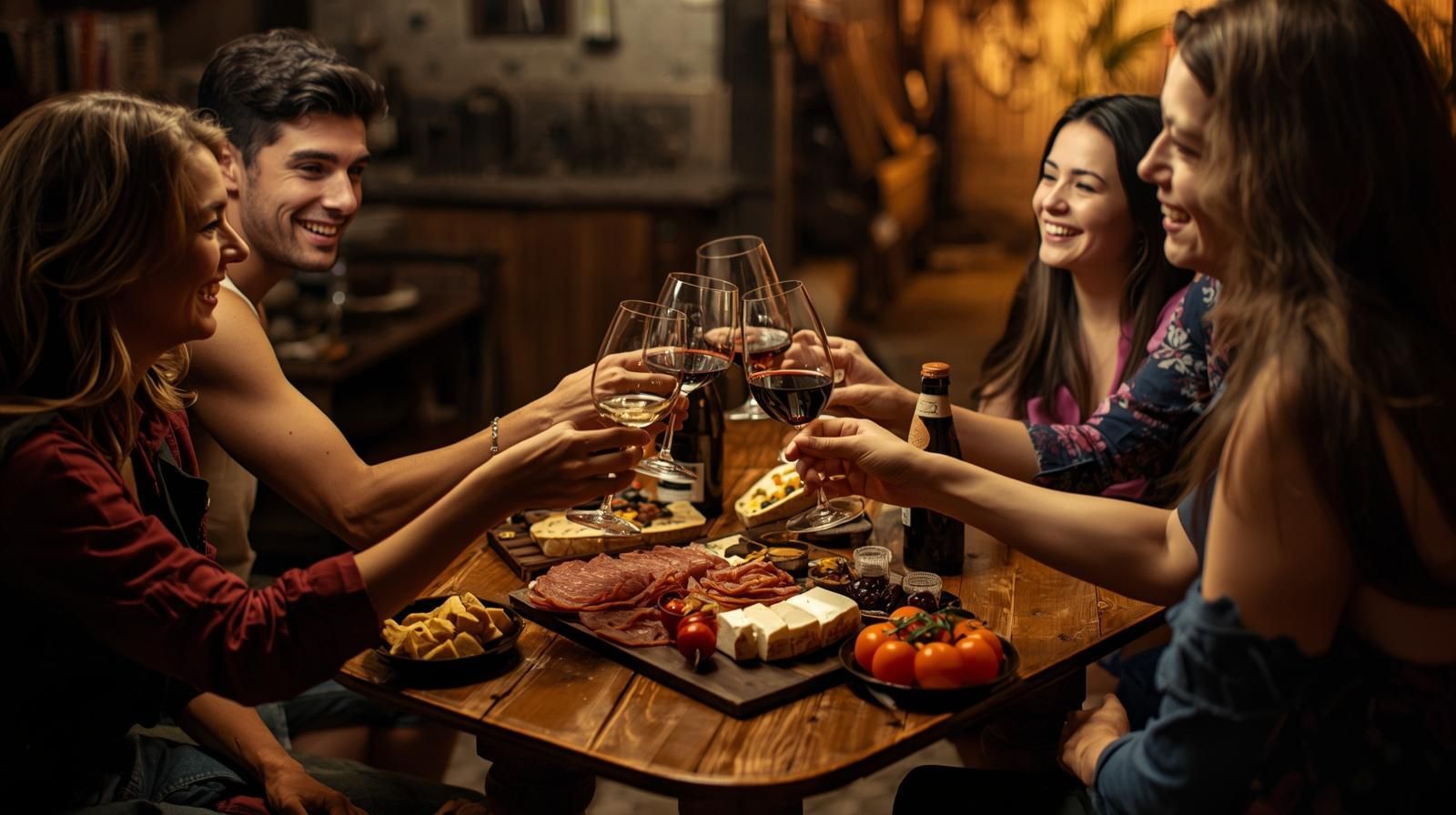 Friends raising glasses around a candlelit table with pizza and drinks in a cozy restaurant