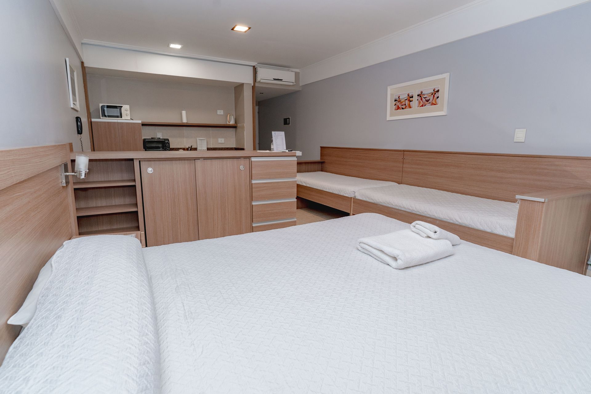 Bedroom with a bed, a sofa, and a kitchenette. Light wood furniture and light gray walls.