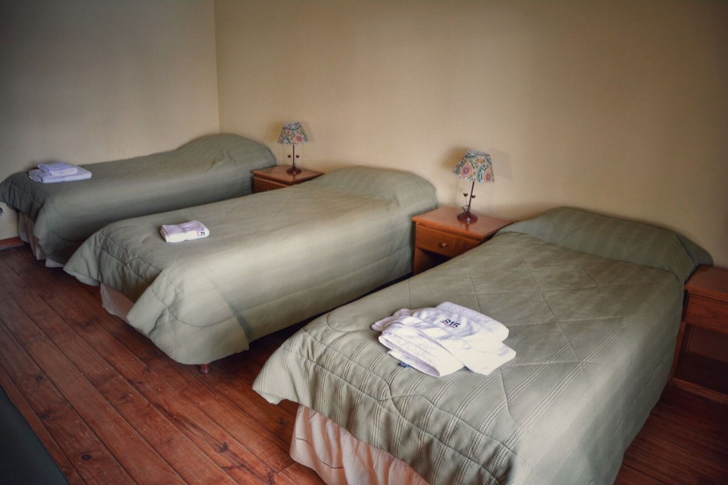 Three beds with green bedding in a room with wood floors. Each bed has a folded towel and a small lamp.