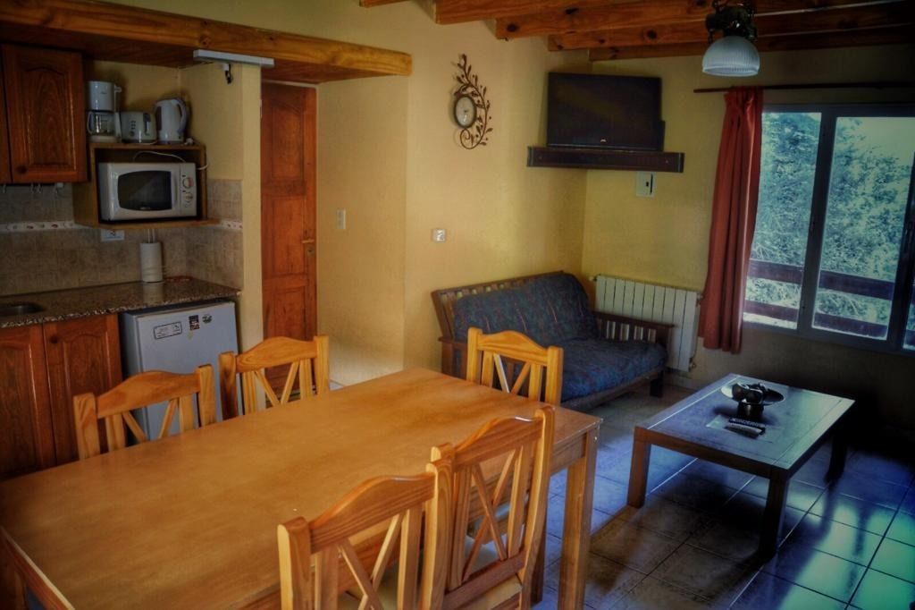 Dining room with wooden table, chairs, and kitchen; couch, TV, and window with curtains.