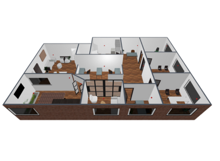 An aerial view of a house with a lot of windows