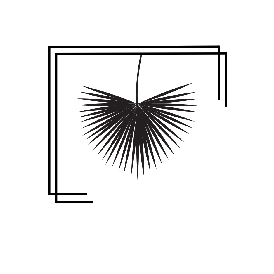 A black and white silhouette of a palm leaf in a square frame.