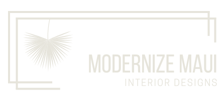 A logo for modernize maui interior designs with a palm tree in the middle.