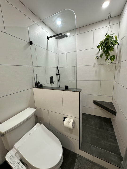 A bathroom with a toilet and a walk in shower.