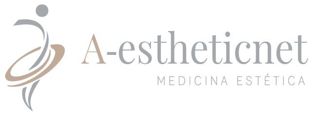Logotipo de A-estheticnet, estética médica. Presenta una figura abstracta con líneas fluidas en gris y beige.