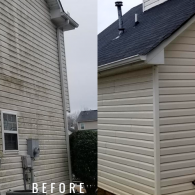 Split-screen comparison of beige house siding showing a dirty, stained surface before cleaning and a clean surface after.