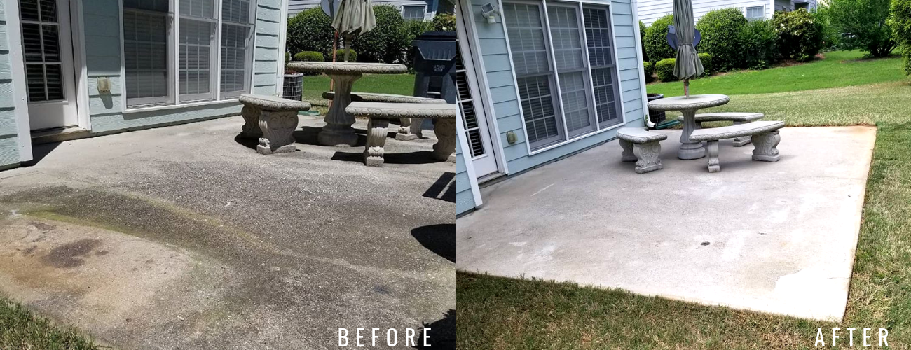 A split-screen comparison showing a concrete patio before and after a thorough pressure washing.